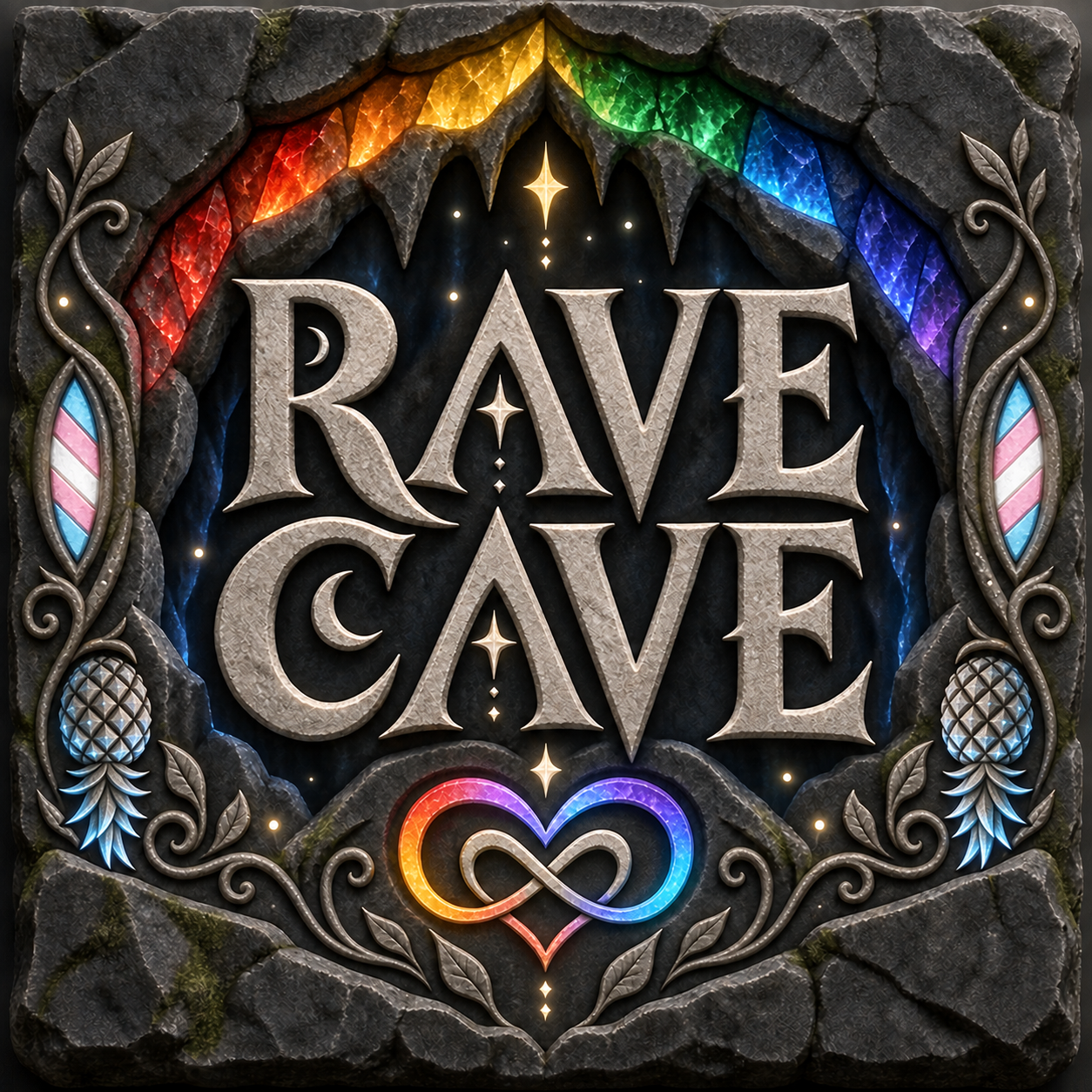 Rave Cave stone crest with rainbow arch and infinity heart
